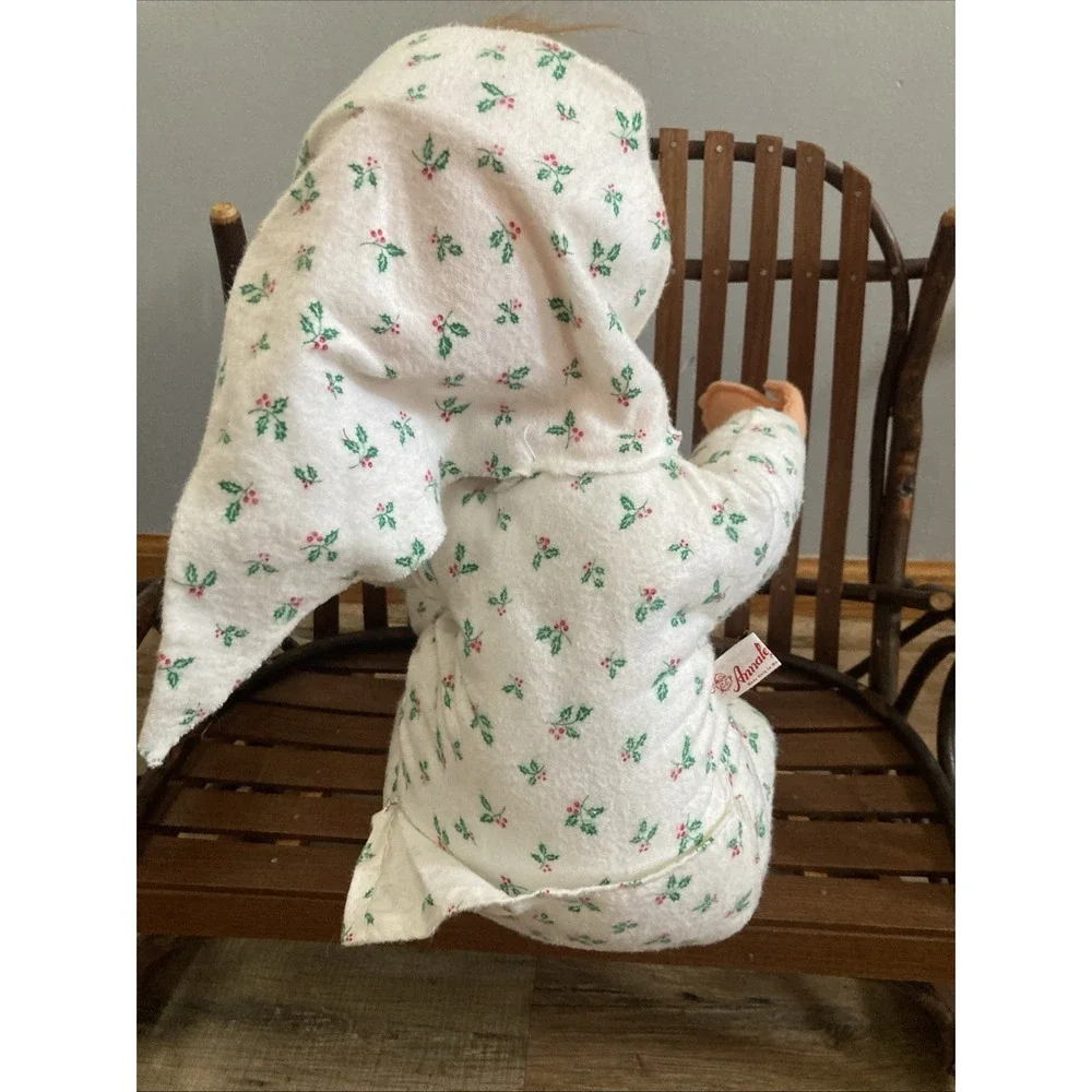 Annalee Child 1989 Child Sitting in Holly Patterned Outfit 12